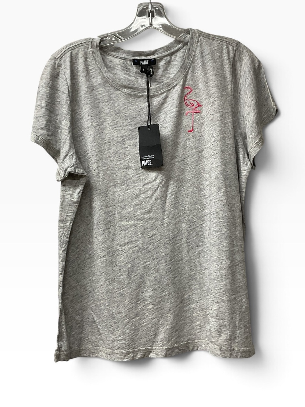 PAIGE Gray Short Sleeve Tee with Embroidered Pink Flamingo Accent